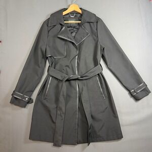 GUESS Womens Large Black Belted Trench Coat Faux Leather Trim Water Resistant
